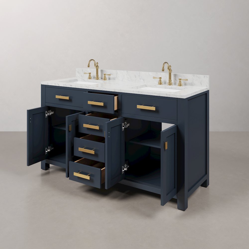 Madison 60 In. Double Sink Carrara White Marble Countertop Bath Vanity. Picture 7