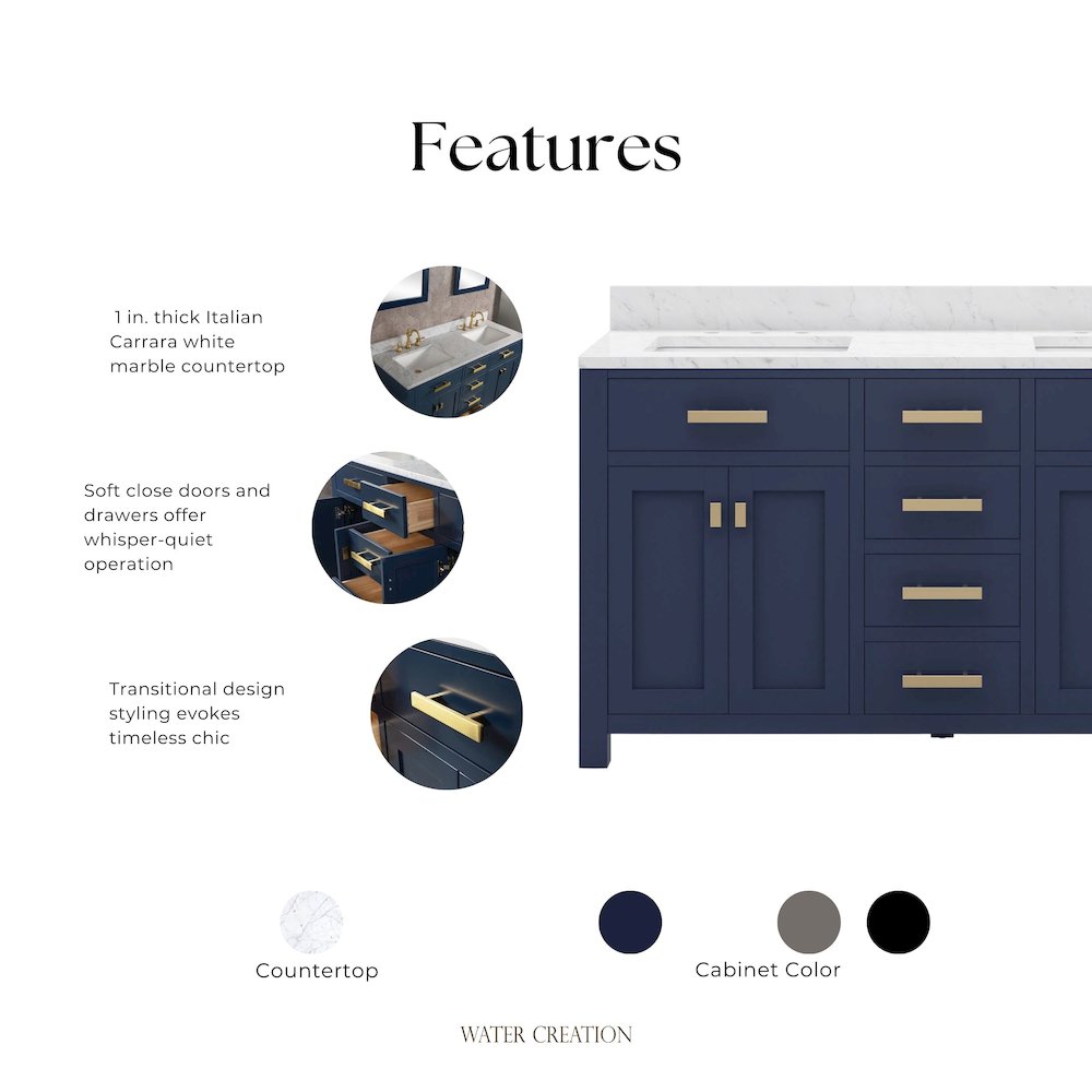 Madison 60 In. Double Sink Carrara White Marble Countertop Bath Vanity. Picture 8