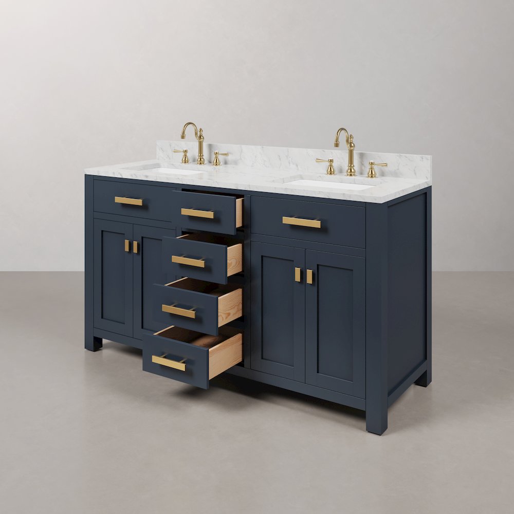 Madison 60 In. Double Sink Carrara White Marble Countertop Bath Vanity. Picture 5