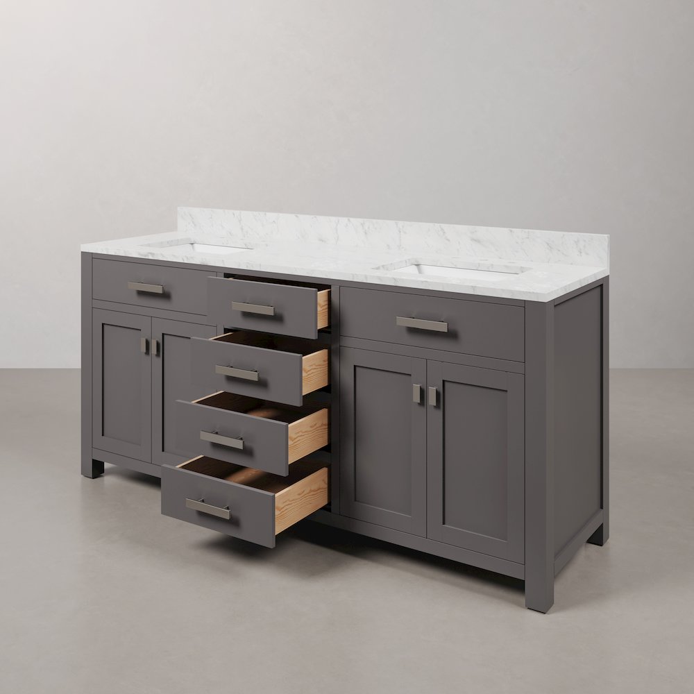 Madison 72 In. Double Sink Carrara White Marble Countertop Bath Vanity. Picture 5