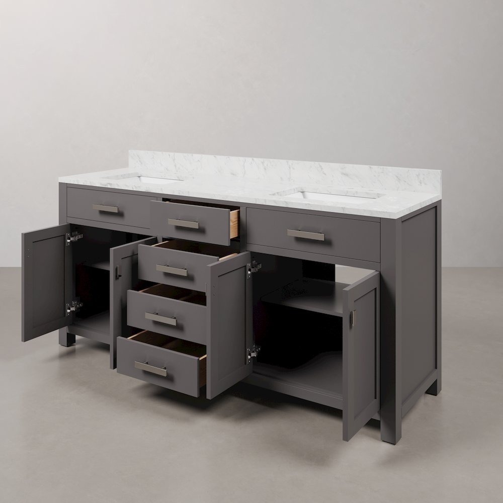 Madison 72 In. Double Sink Carrara White Marble Countertop Bath Vanity. Picture 7