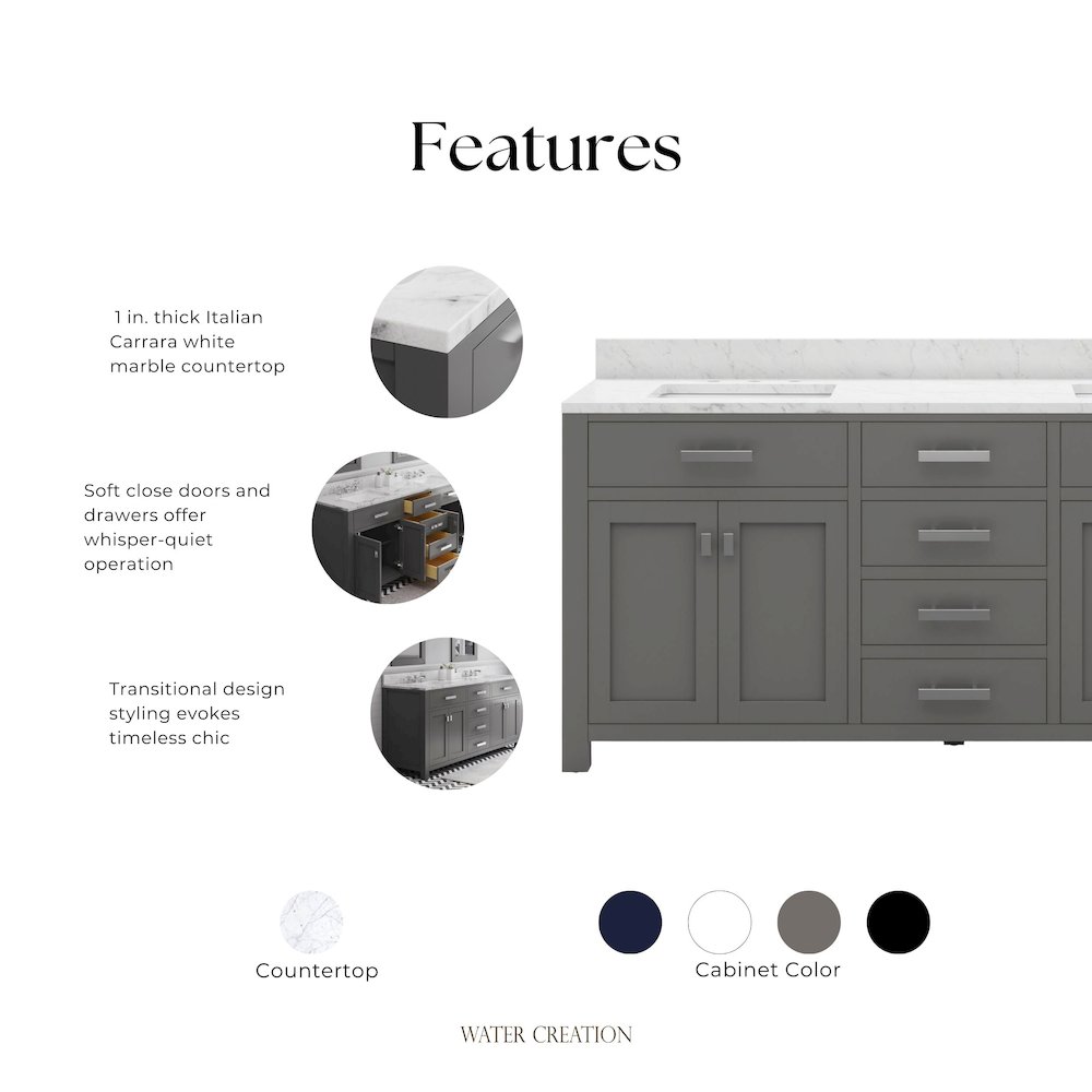 Madison 72 In. Double Sink Carrara White Marble Countertop Bath Vanity. Picture 12