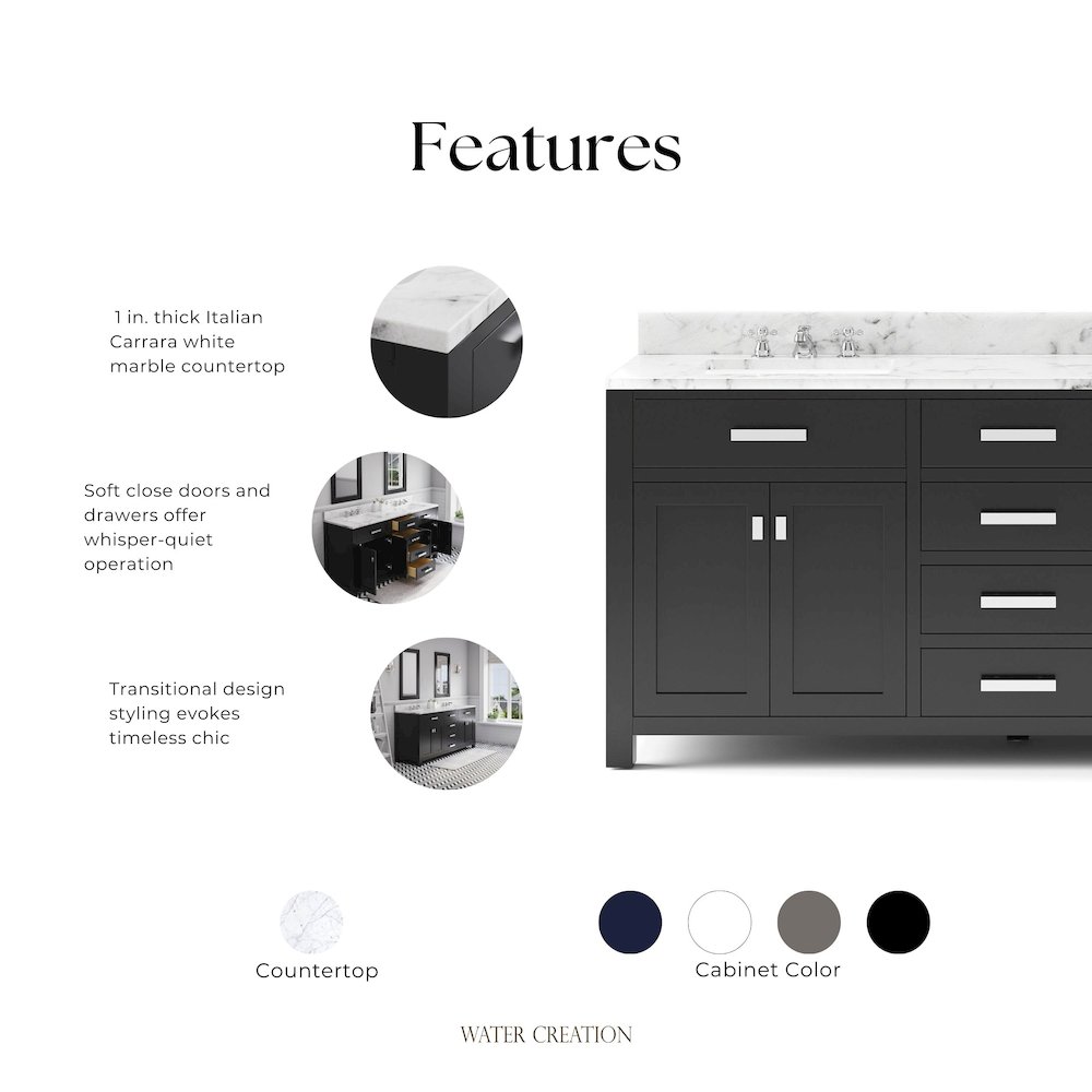 Madison 72 In. Double Sink Carrara White Marble Countertop Bath Vanity. Picture 12