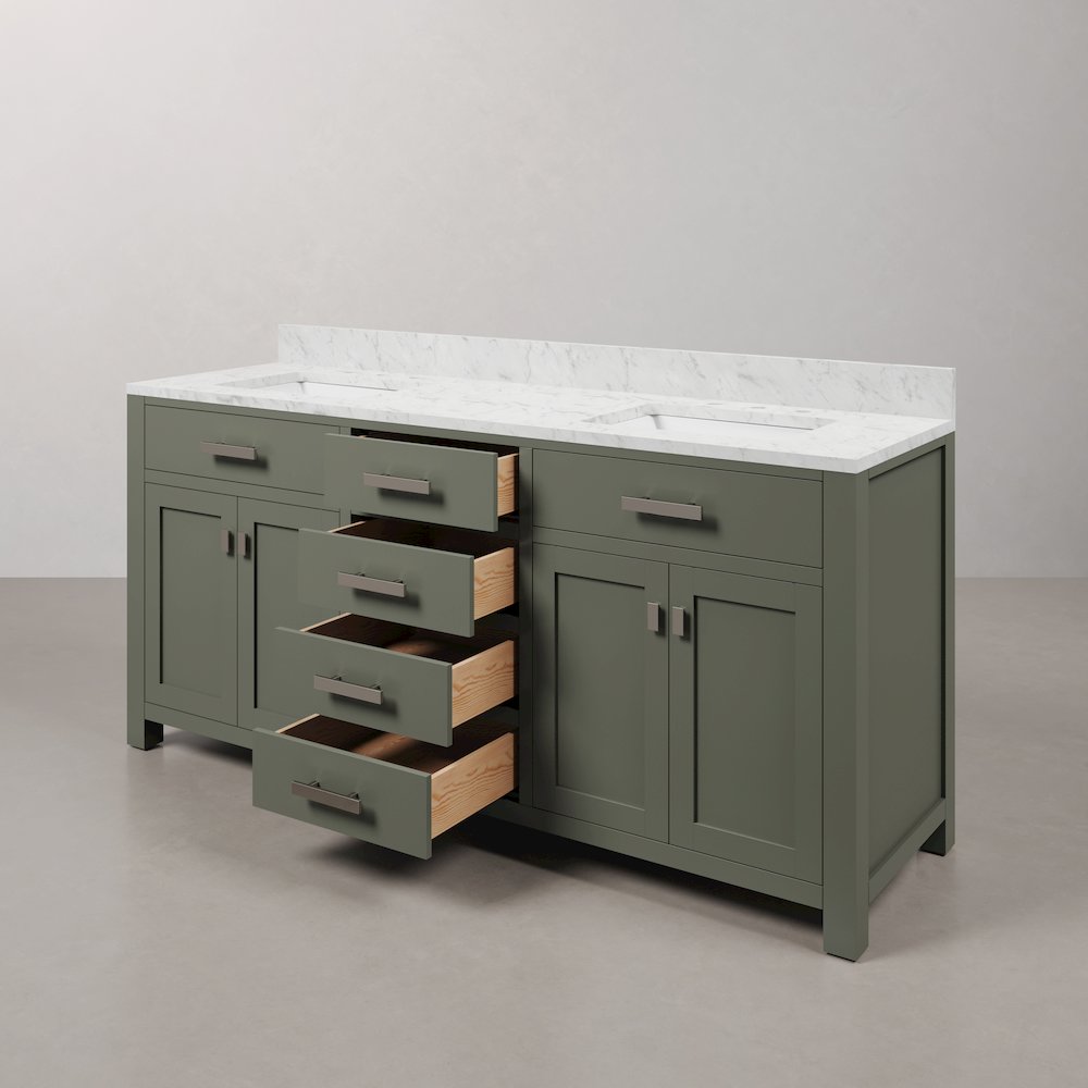 Madison 72 In. Double Sink Carrara White Marble Countertop Bath Vanity. Picture 5