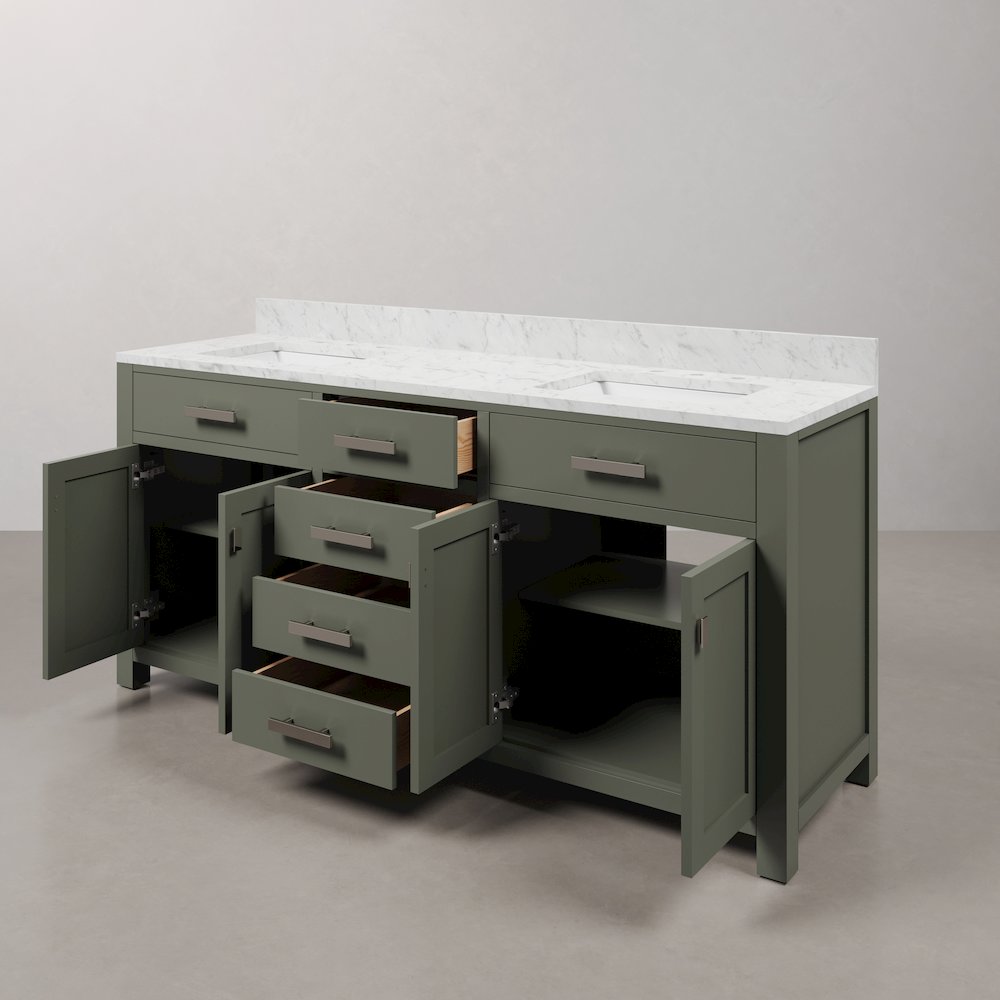 Madison 72 In. Double Sink Carrara White Marble Countertop Bath Vanity. Picture 7