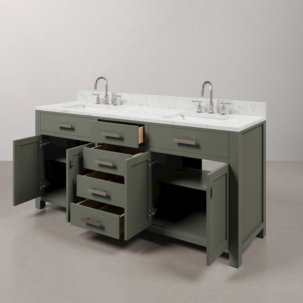 Madison 72 In. Double Sink Carrara White Marble Countertop Bath Vanity. Picture 7