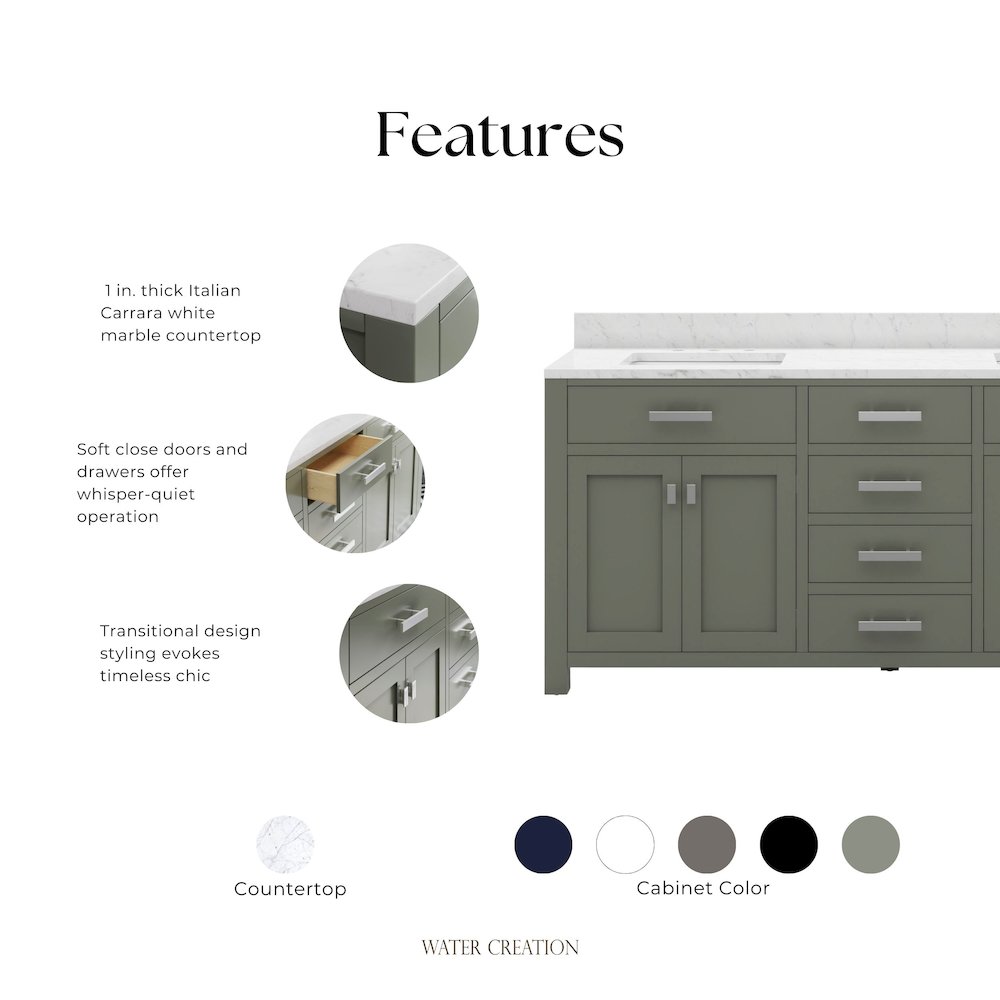 Madison 72 In. Double Sink Carrara White Marble Countertop Bath Vanity. Picture 12