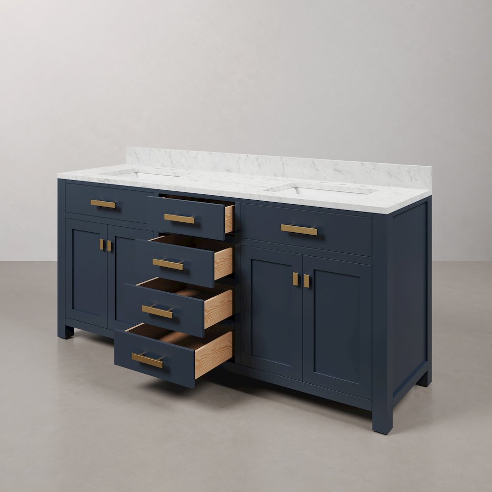 Madison 72 In. Double Sink Carrara White Marble Countertop Bath Vanity. Picture 6