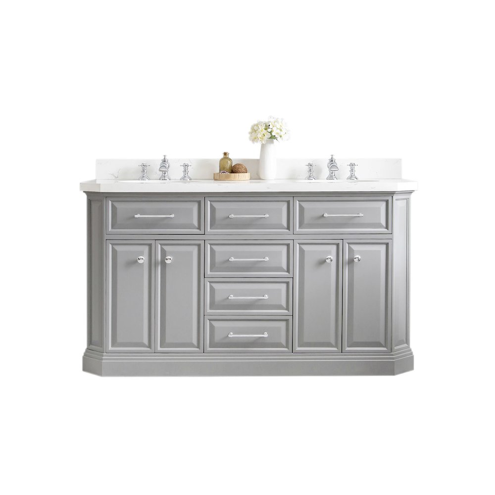 Palace 60 In. Double Sink Carrara Quartz Countertop Bath Vanity in Cashmere Grey. Picture 1