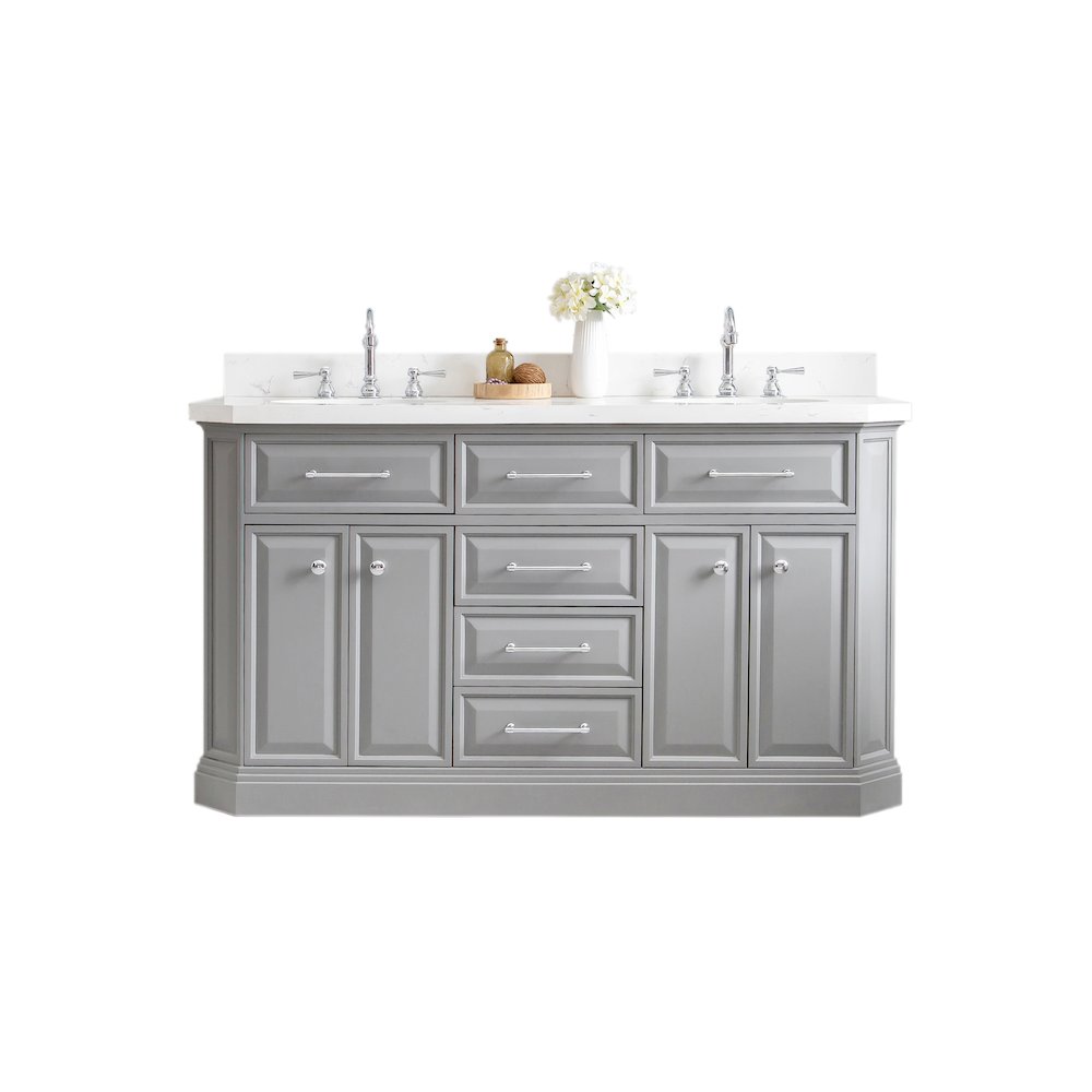 Palace 60 In. Double Sink Carrara Quartz Countertop Bath Vanity in Cashmere Grey. Picture 1