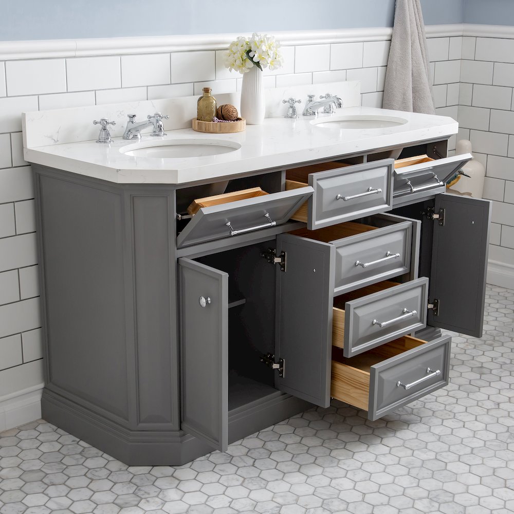 Palace 60 In. Double Sink Carrara Quartz Countertop Bath Vanity in Cashmere Grey. Picture 4