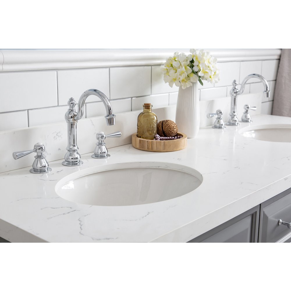 Palace 60 In. Double Sink Carrara Quartz Countertop Bath Vanity in Cashmere Grey. Picture 6