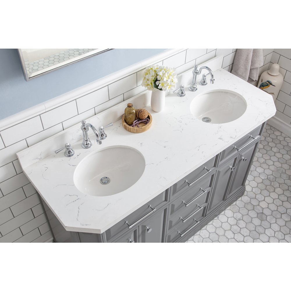 Palace 60 In. Double Sink Carrara Quartz Countertop Bath Vanity in Cashmere Grey. Picture 5