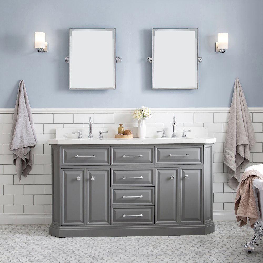 Palace 60 In. Double Sink Carrara Quartz Countertop Bath Vanity in Cashmere Grey. Picture 2