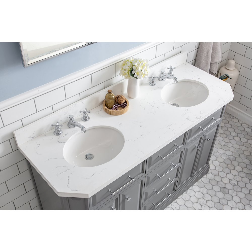 Palace 60 In. Double Sink Carrara Quartz Countertop Bath Vanity in Cashmere Grey. Picture 5