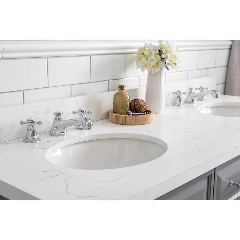 Palace 60 In. Double Sink Carrara Quartz Countertop Bath Vanity in Cashmere Grey. Picture 6