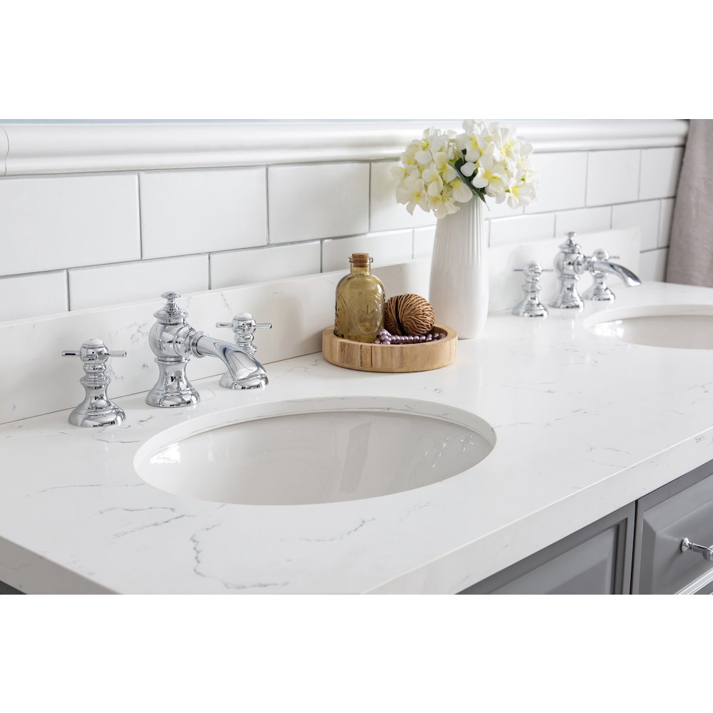 Palace 60 In. Double Sink Carrara Quartz Countertop Bath Vanity in Cashmere Grey. Picture 6