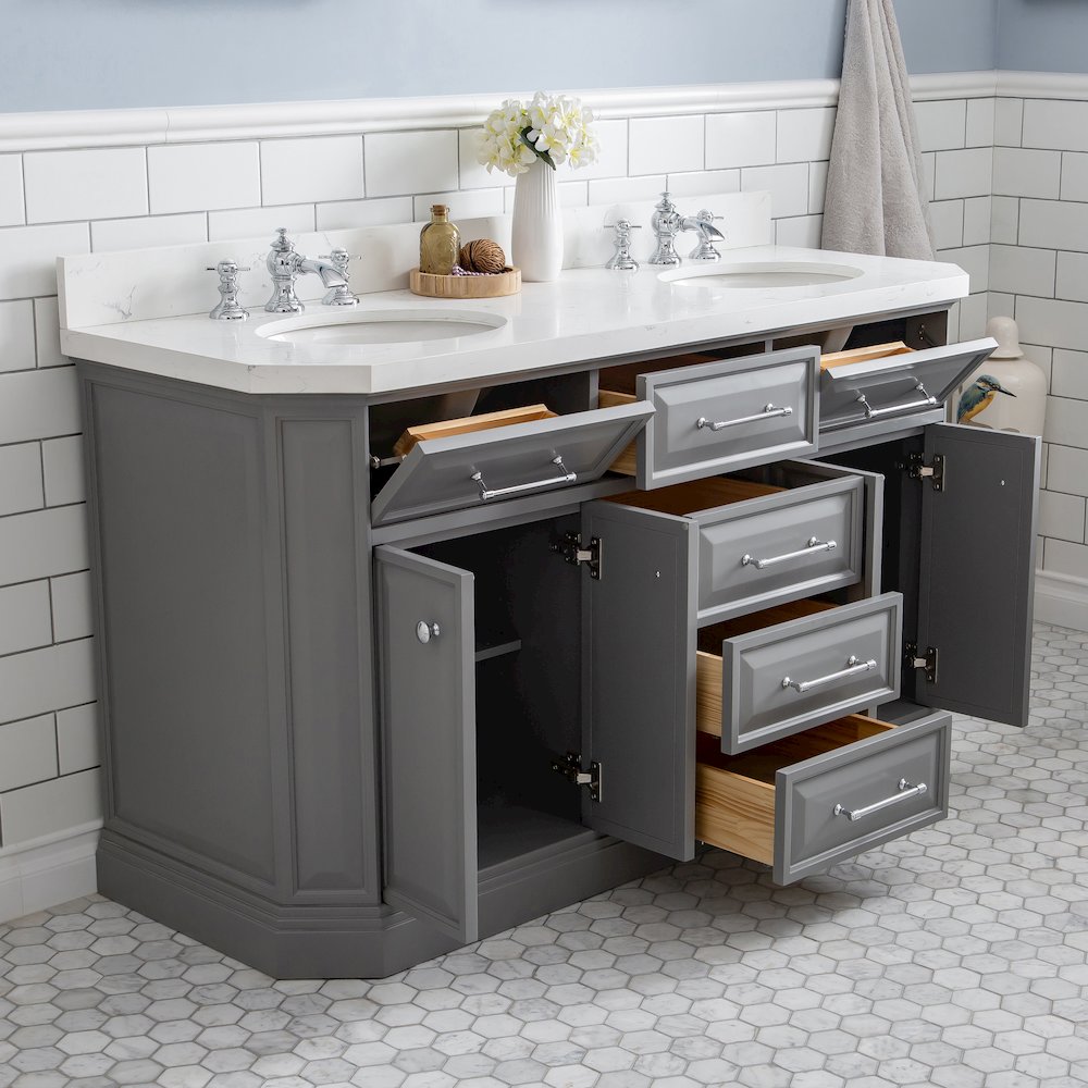 Palace 60 In. Double Sink Carrara Quartz Countertop Bath Vanity in Cashmere Grey. Picture 4