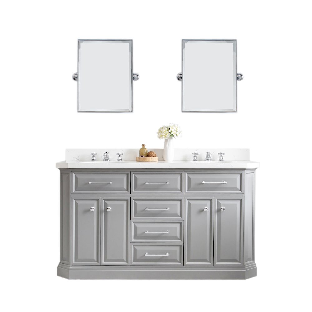 Palace 60 In. Double Sink Carrara Quartz Countertop Bath Vanity in Cashmere Grey. Picture 1