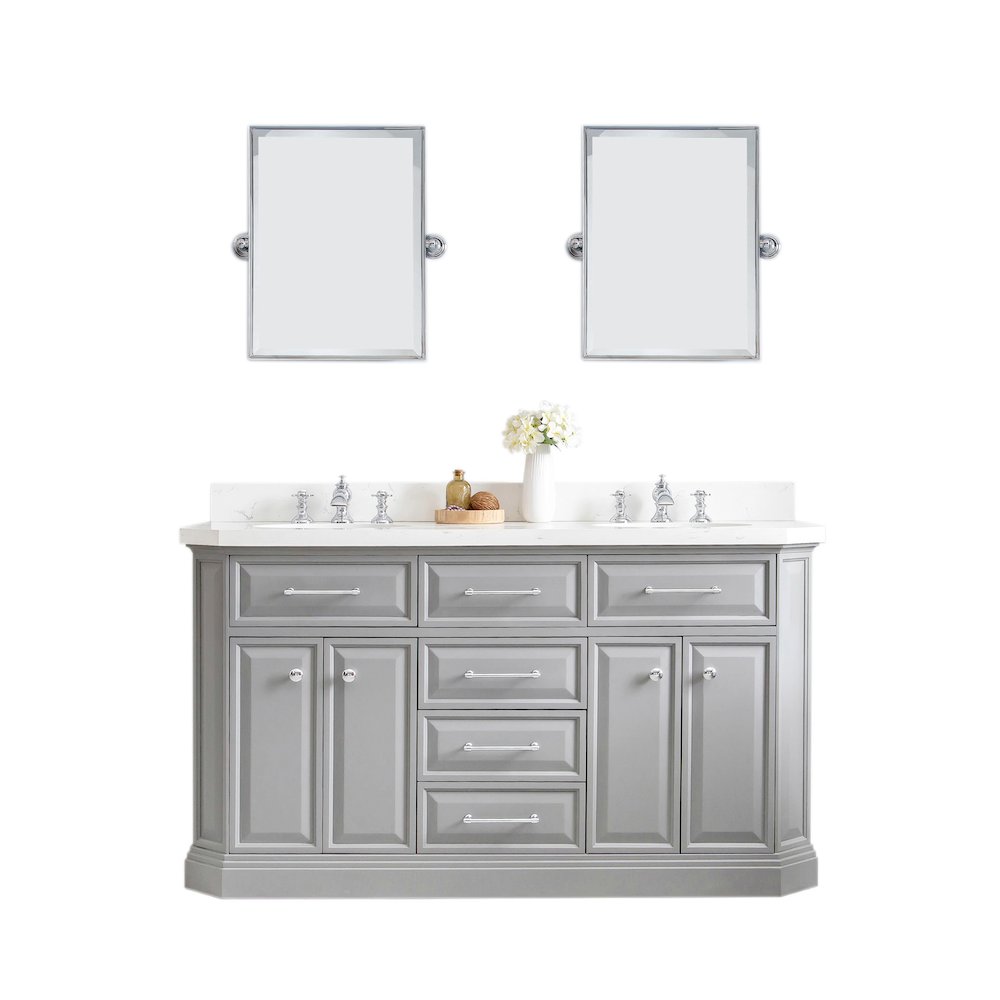 Palace 60 In. Double Sink Carrara Quartz Countertop Bath Vanity in Cashmere Grey. Picture 1