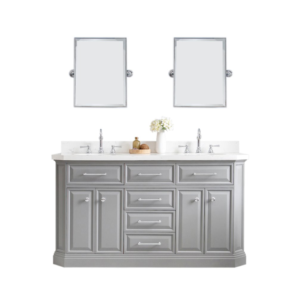 Palace 60 In. Double Sink Carrara Quartz Countertop Bath Vanity in Cashmere Grey. Picture 1