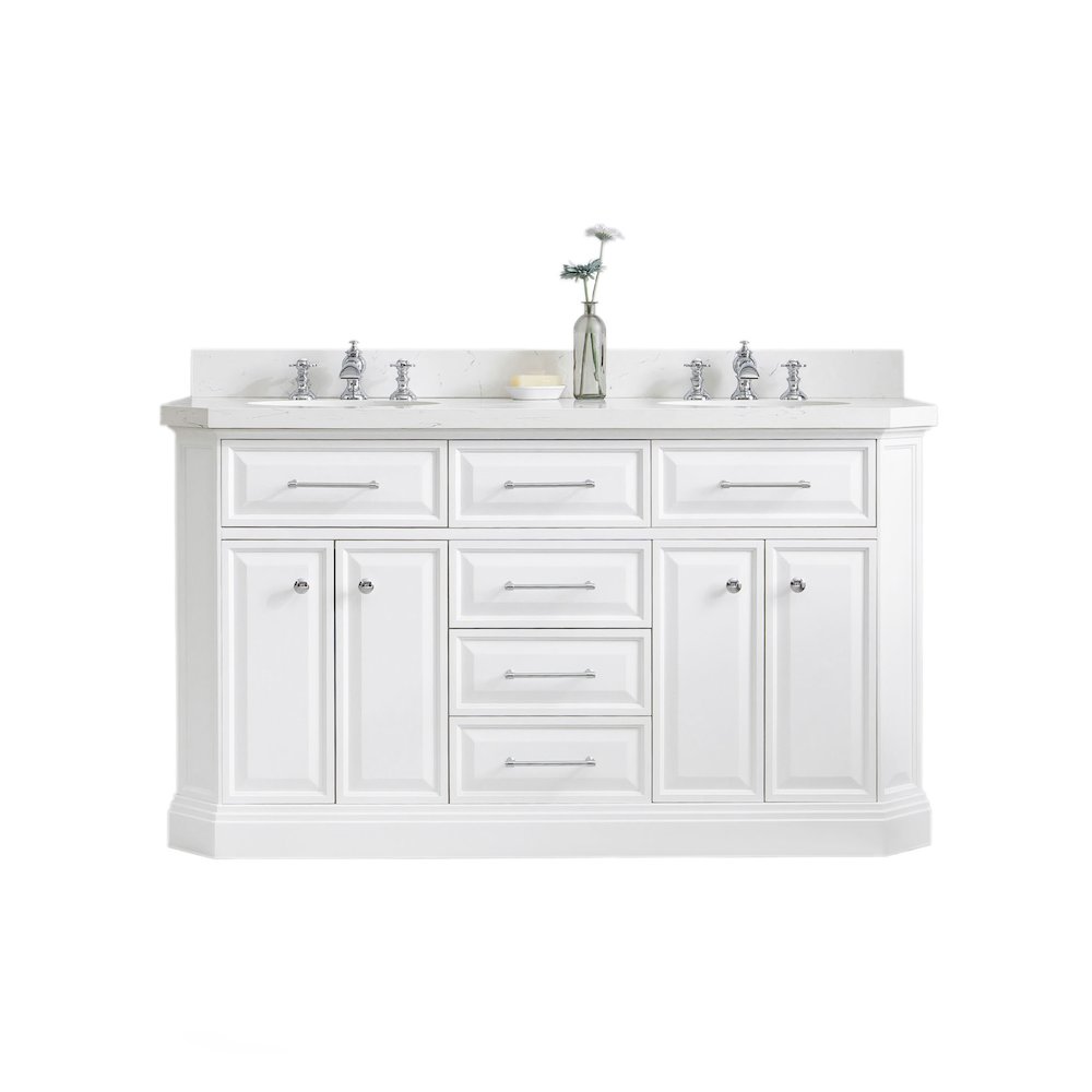 Palace 60 In. Double Sink Carrara Quartz Countertop Bath Vanity in Pure White. Picture 1