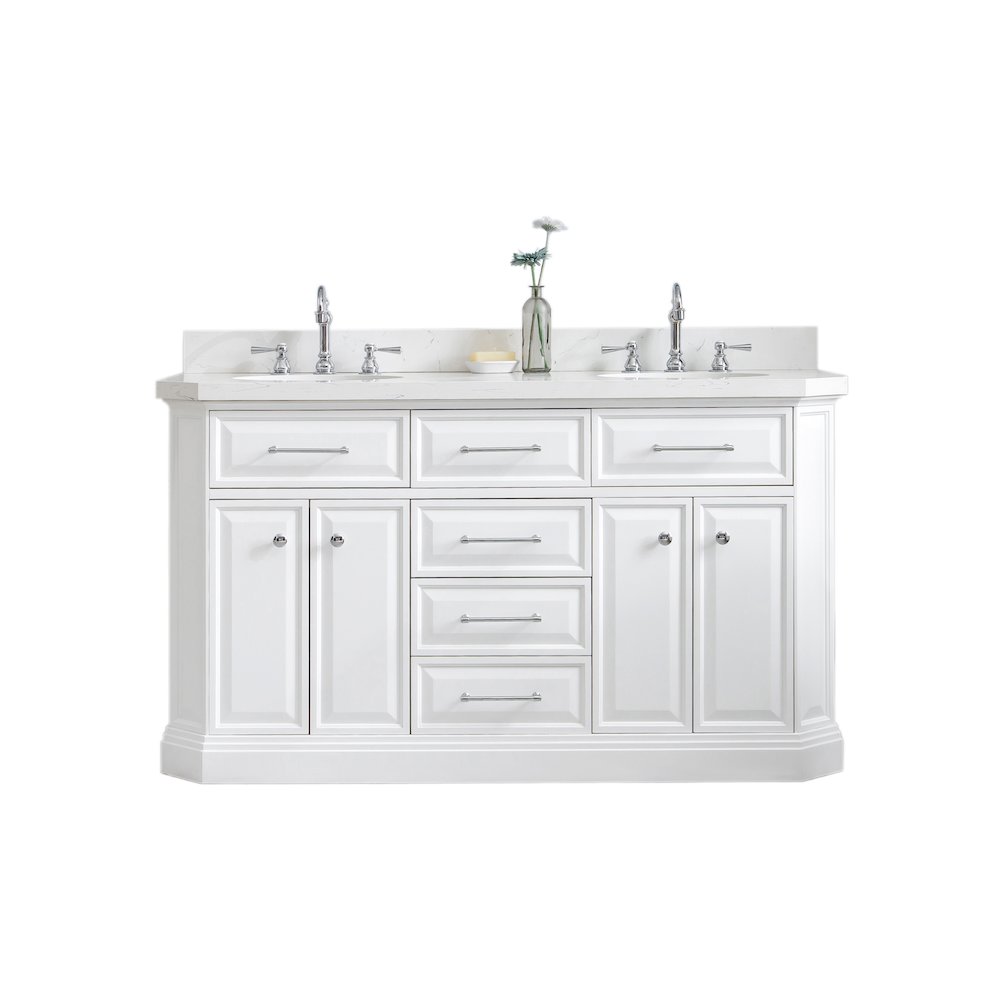 Palace 60 In. Double Sink Carrara Quartz Countertop Bath Vanity in Pure White. Picture 1