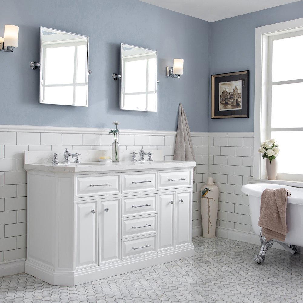 Palace 60 In. Double Sink Carrara Quartz Countertop Bath Vanity in Pure White. Picture 3
