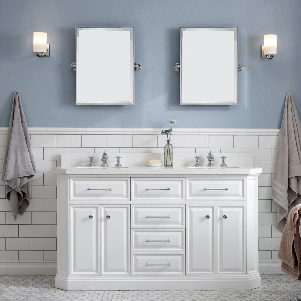 Palace 60 In. Double Sink Carrara Quartz Countertop Bath Vanity in Pure White. Picture 2