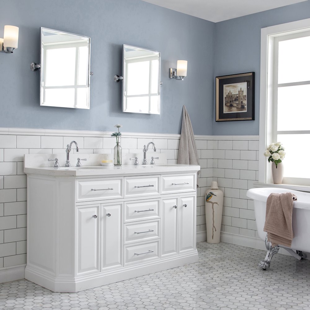 Palace 60 In. Double Sink Carrara Quartz Countertop Bath Vanity in Pure White. Picture 3
