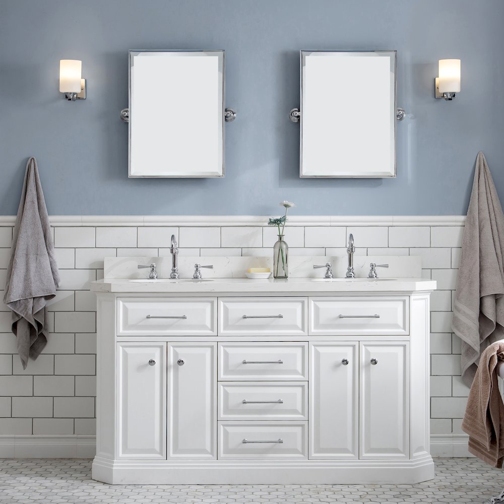Palace 60 In. Double Sink Carrara Quartz Countertop Bath Vanity in Pure White. Picture 2