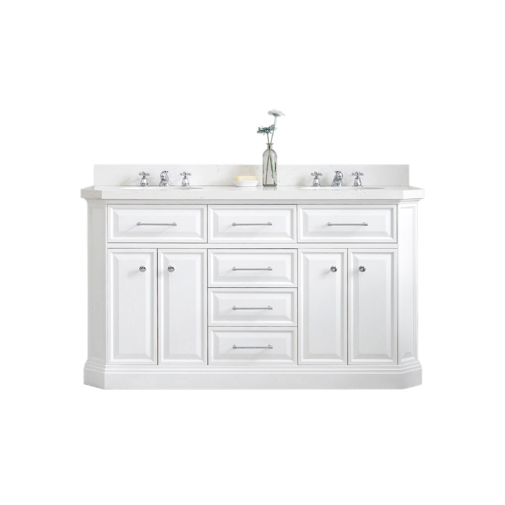 Palace 60 In. Double Sink Carrara Quartz Countertop Bath Vanity in Pure White. Picture 1