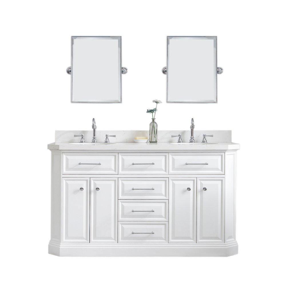 Palace 60 In. Double Sink Carrara Quartz Countertop Bath Vanity in Pure White. Picture 1
