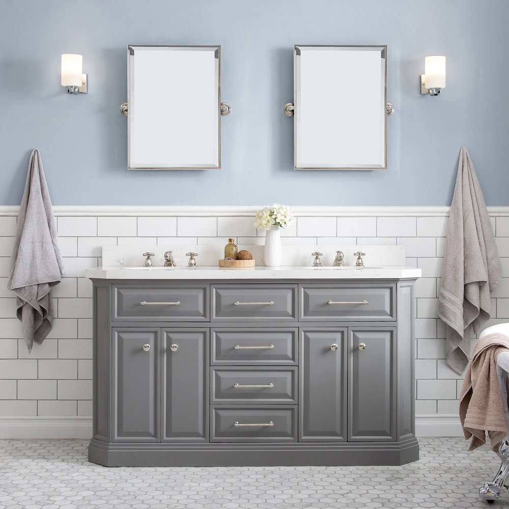 Palace 60 In. Double Sink Carrara Quartz Countertop Bath Vanity in Cashmere Grey. Picture 2