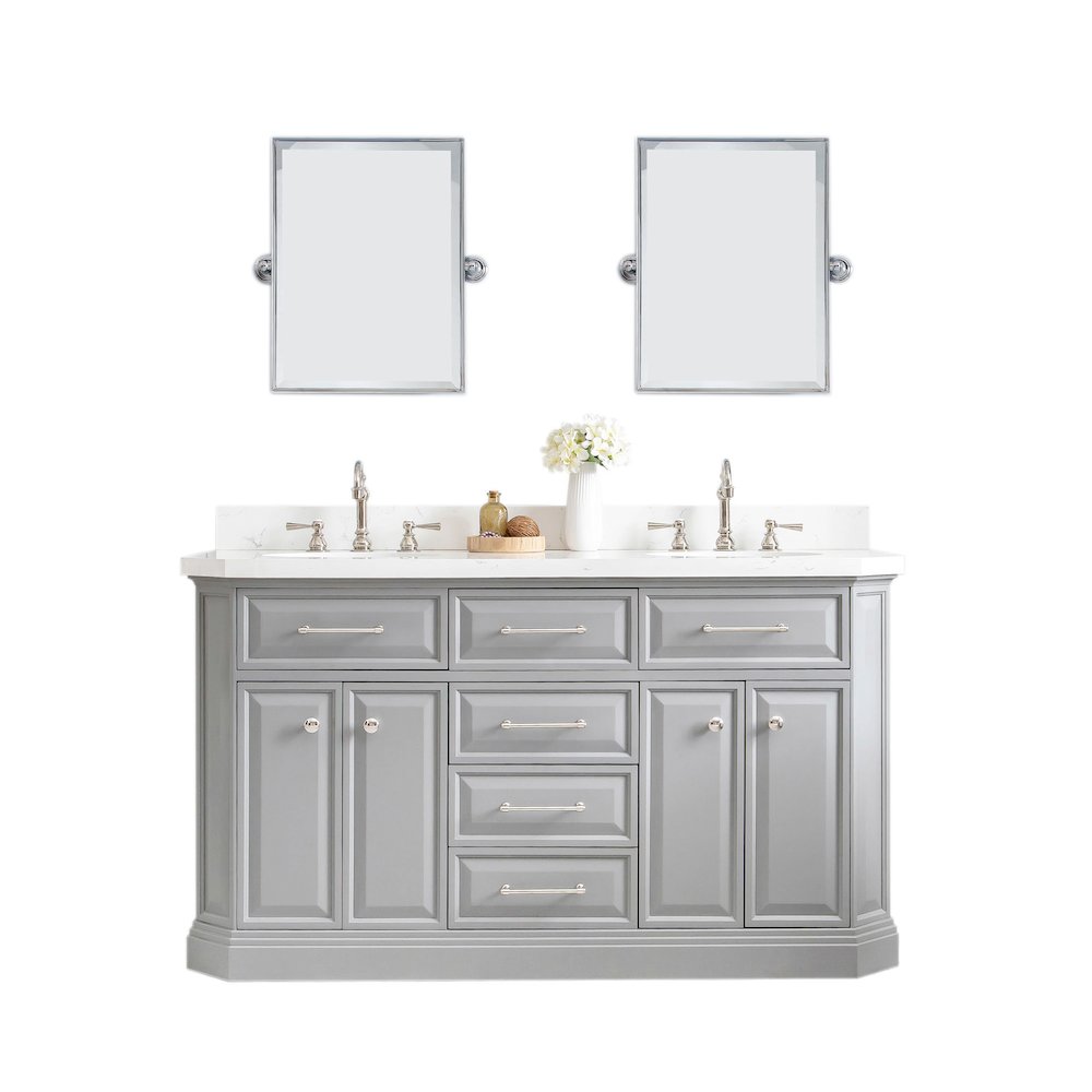 Palace 60 In. Double Sink Carrara Quartz Countertop Bath Vanity in Cashmere Grey. Picture 1