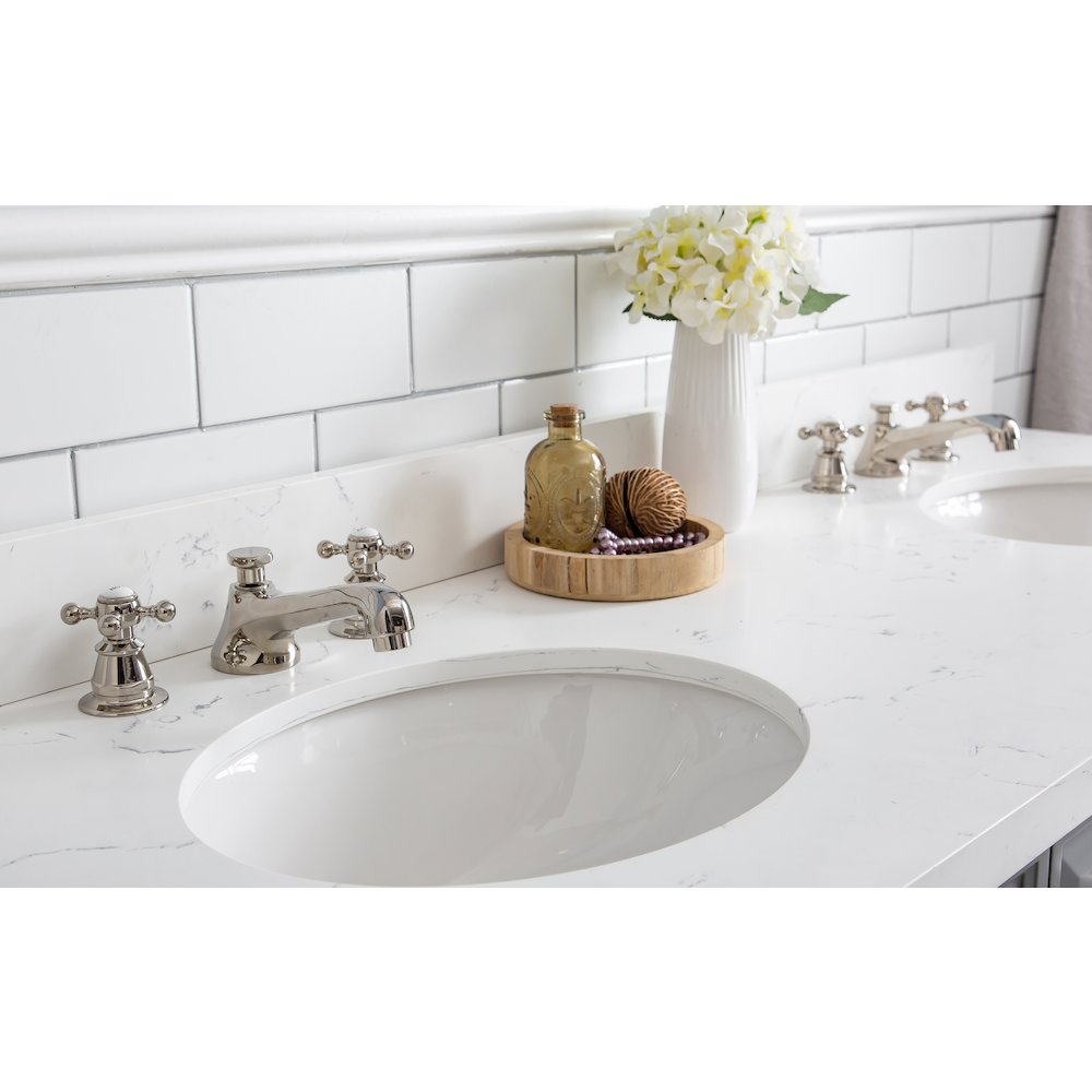 Palace 60 In. Double Sink Carrara Quartz Countertop Bath Vanity in Cashmere Grey. Picture 6