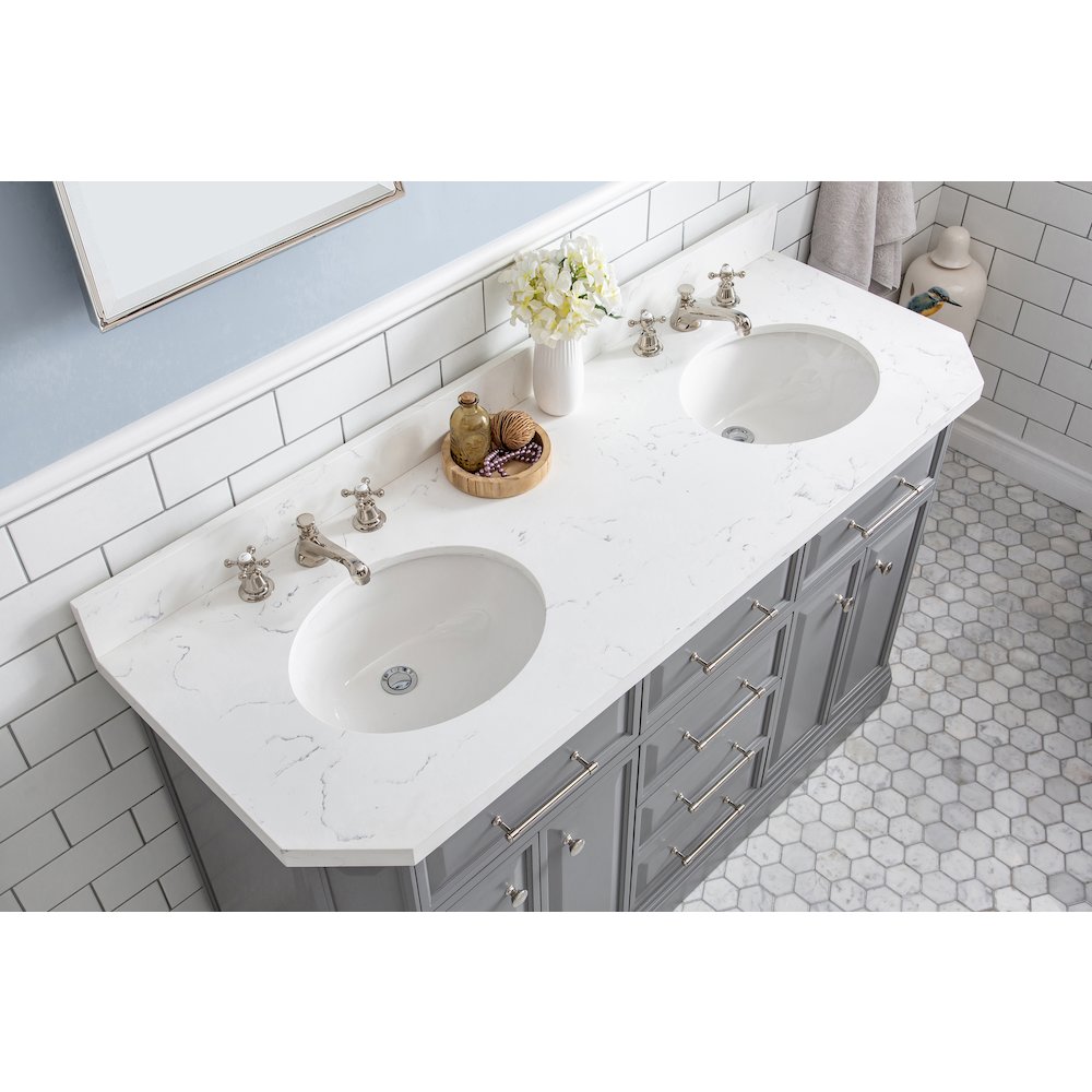 Palace 60 In. Double Sink Carrara Quartz Countertop Bath Vanity in Cashmere Grey. Picture 5