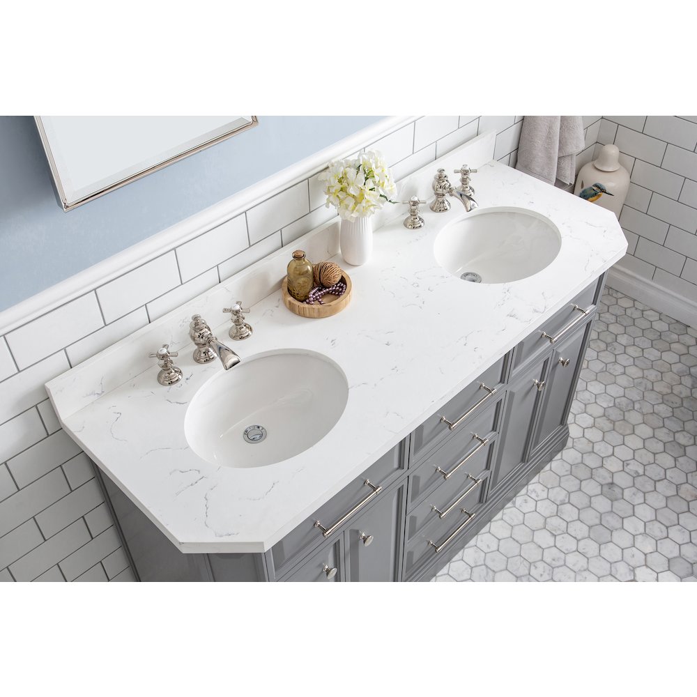 Palace 60 In. Double Sink Carrara Quartz Countertop Bath Vanity in Cashmere Grey. Picture 5
