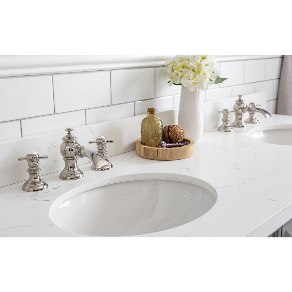 Palace 60 In. Double Sink Carrara Quartz Countertop Bath Vanity in Cashmere Grey. Picture 6