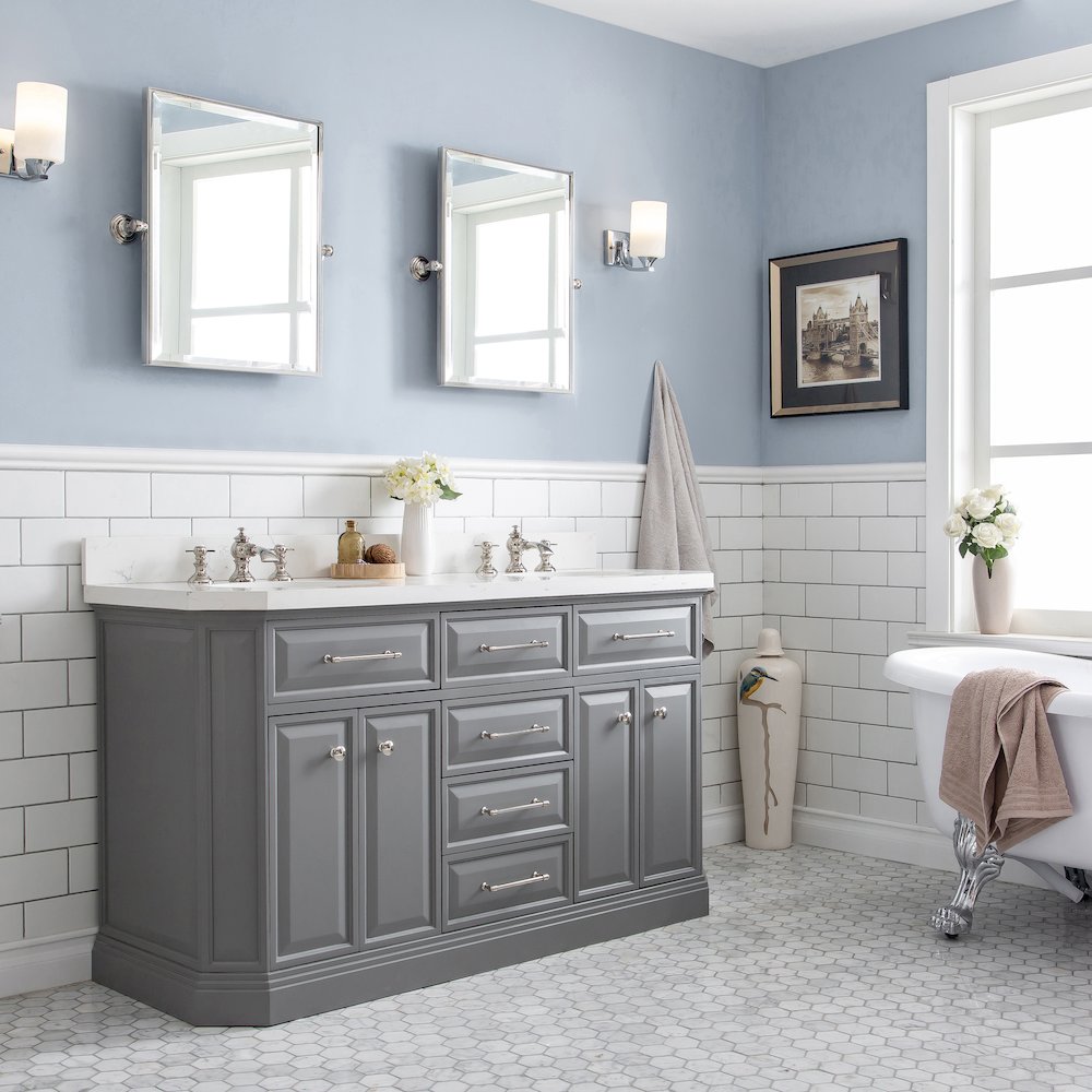 Palace 60 In. Double Sink Carrara Quartz Countertop Bath Vanity in Cashmere Grey. Picture 3