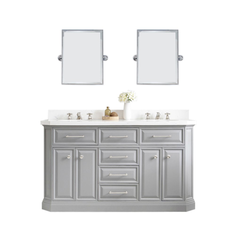 Palace 60 In. Double Sink Carrara Quartz Countertop Bath Vanity in Cashmere Grey. Picture 1