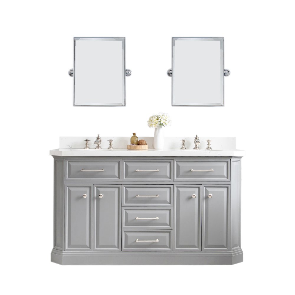 Palace 60 In. Double Sink Carrara Quartz Countertop Bath Vanity in Cashmere Grey. Picture 1