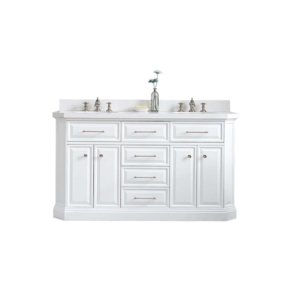 Palace 60 In. Double Sink Carrara Quartz Countertop Bath Vanity in Pure White. Picture 1
