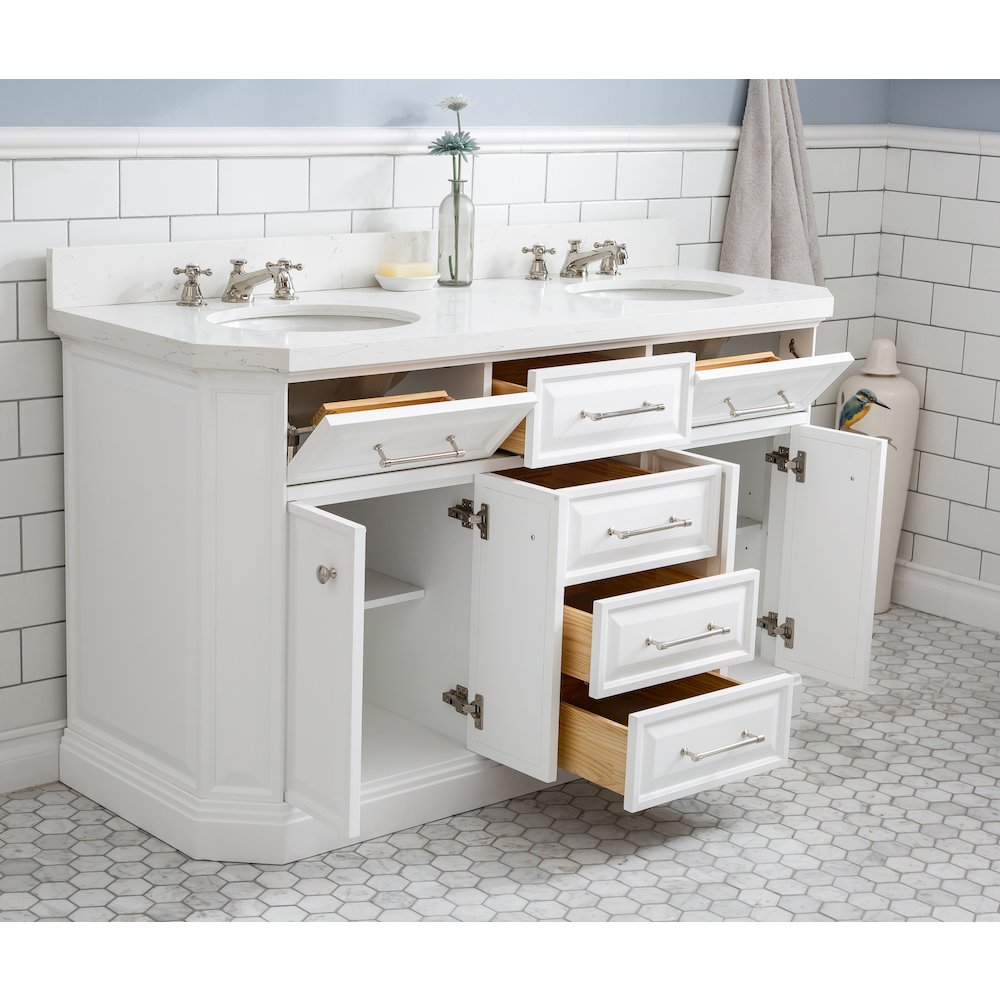 Palace 60 In. Double Sink Carrara Quartz Countertop Bath Vanity in Pure White. Picture 4