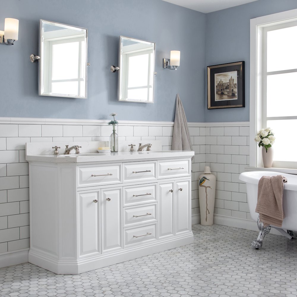 Palace 60 In. Double Sink Carrara Quartz Countertop Bath Vanity in Pure White. Picture 3