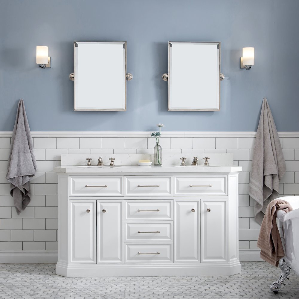 Palace 60 In. Double Sink Carrara Quartz Countertop Bath Vanity in Pure White. Picture 2