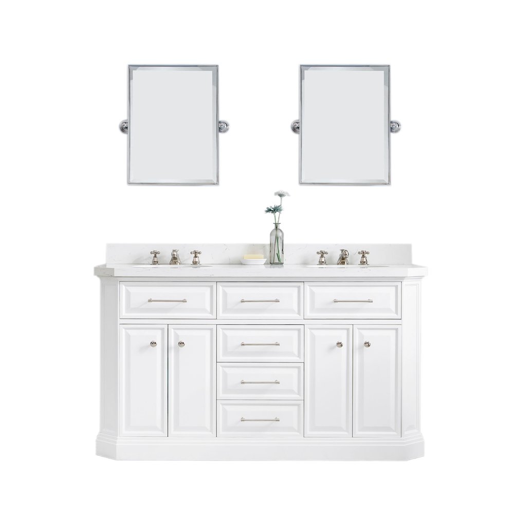 Palace 60 In. Double Sink Carrara Quartz Countertop Bath Vanity in Pure White. Picture 1