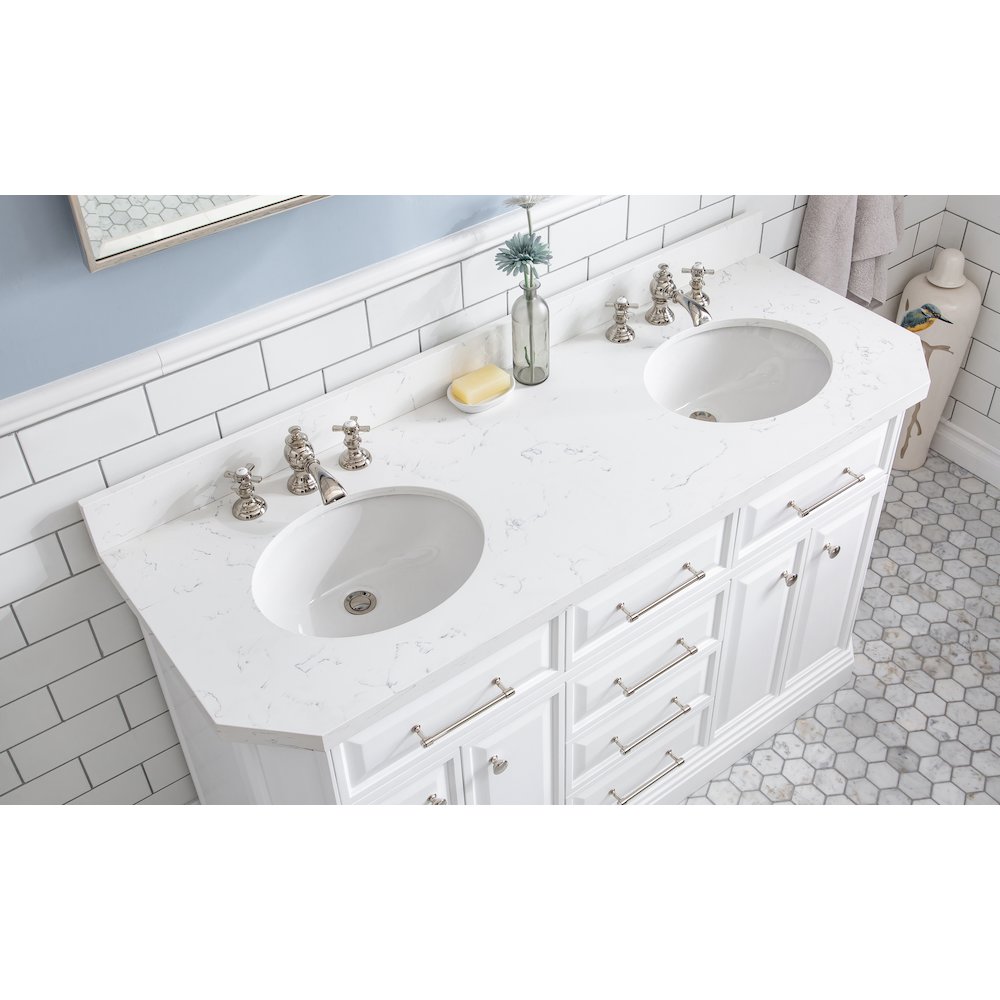 Palace 60 In. Double Sink Carrara Quartz Countertop Bath Vanity in Pure White. Picture 5