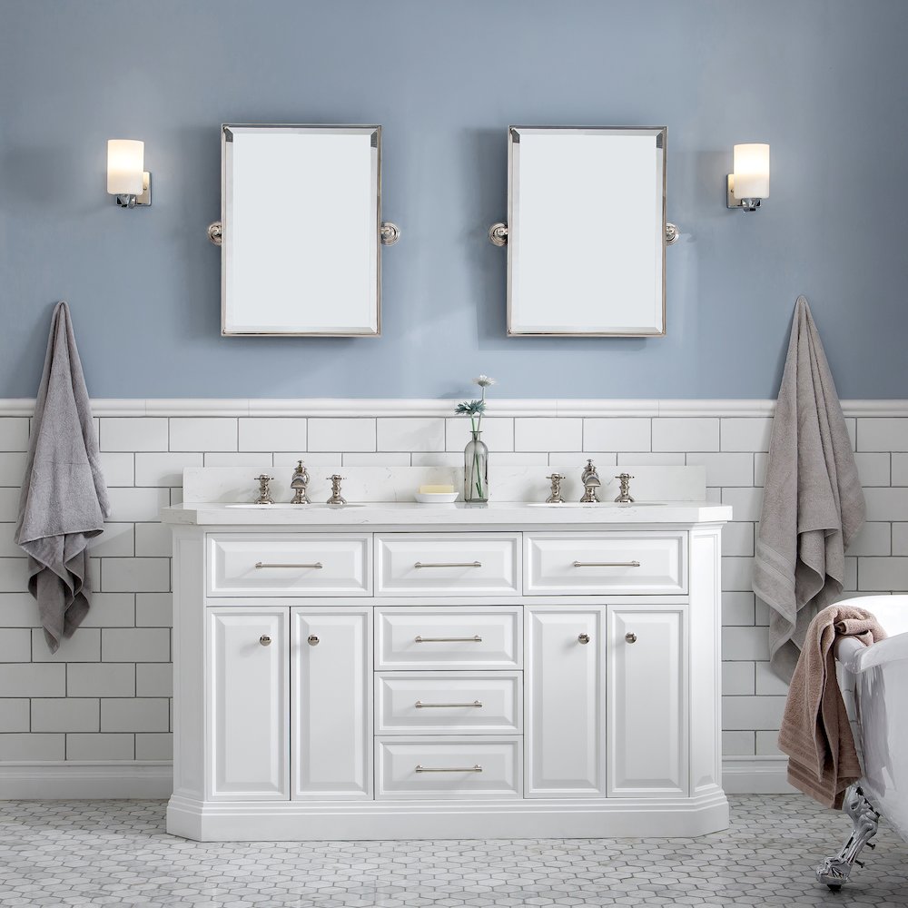 Palace 60 In. Double Sink Carrara Quartz Countertop Bath Vanity in Pure White. Picture 2