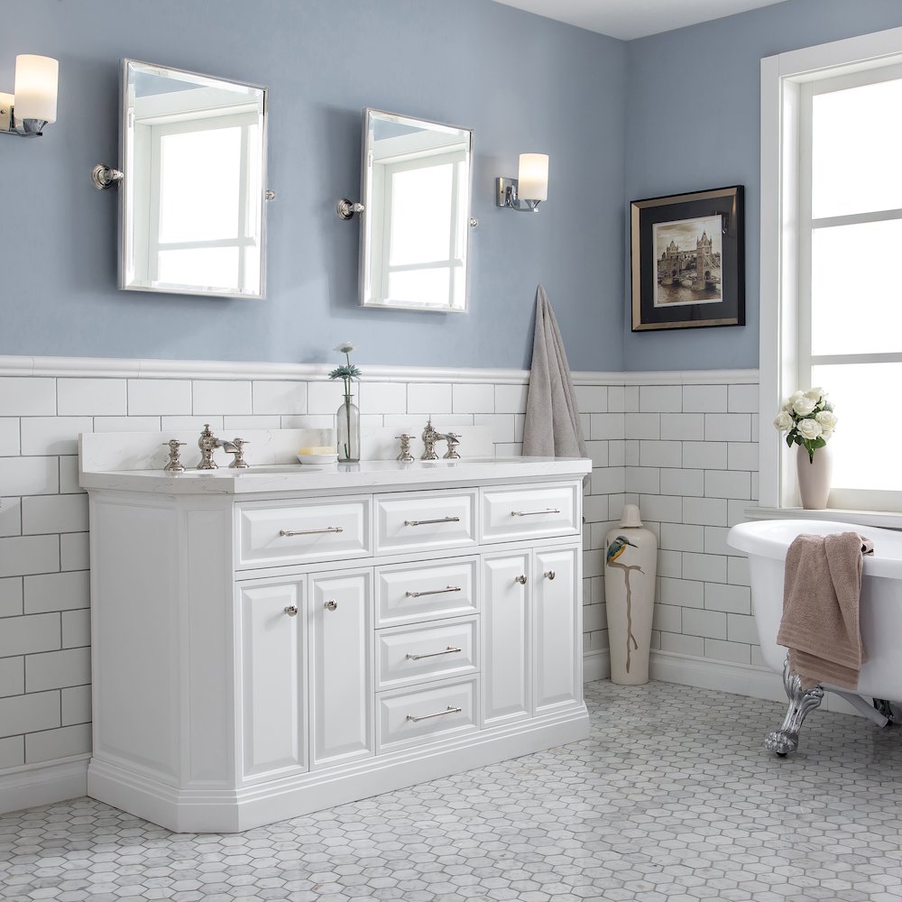 Palace 60 In. Double Sink Carrara Quartz Countertop Bath Vanity in Pure White. Picture 3